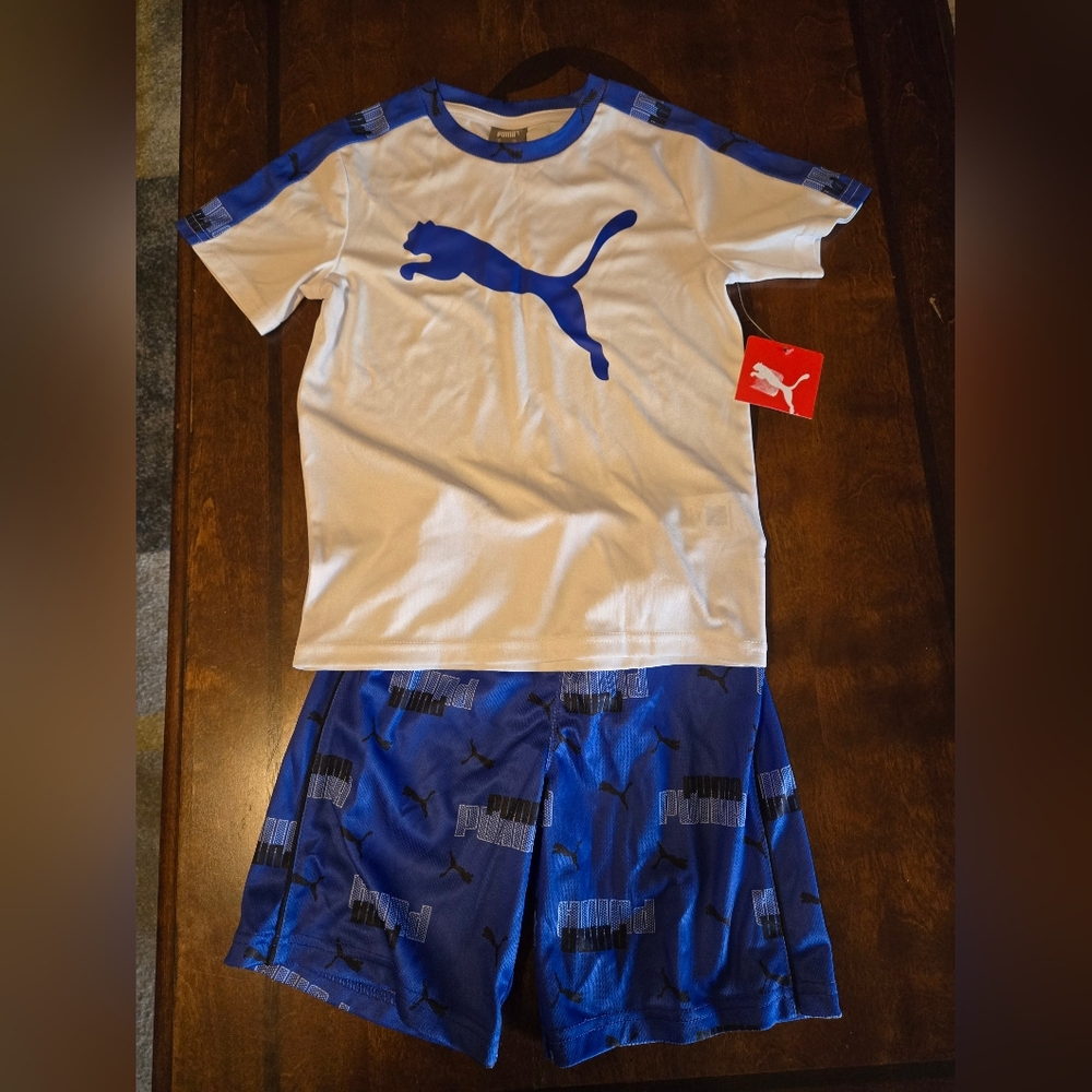 Puma White and Blue Logo Tee and Shorts